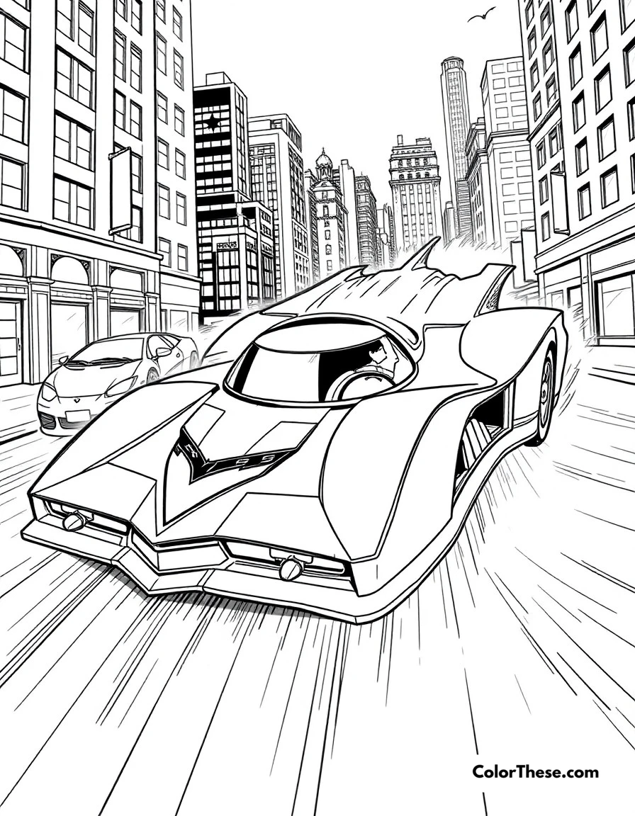 Free printable batmobile chase coloring page for kids and adults. The sleek Batmobile racing through Gotham's streets during a high-speed pursuit.