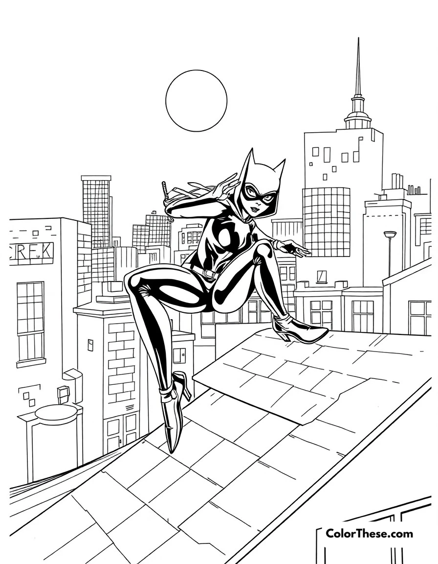 Free printable catwoman's heist coloring page for kids and adults. Catwoman skillfully navigating rooftops during a midnight heist.