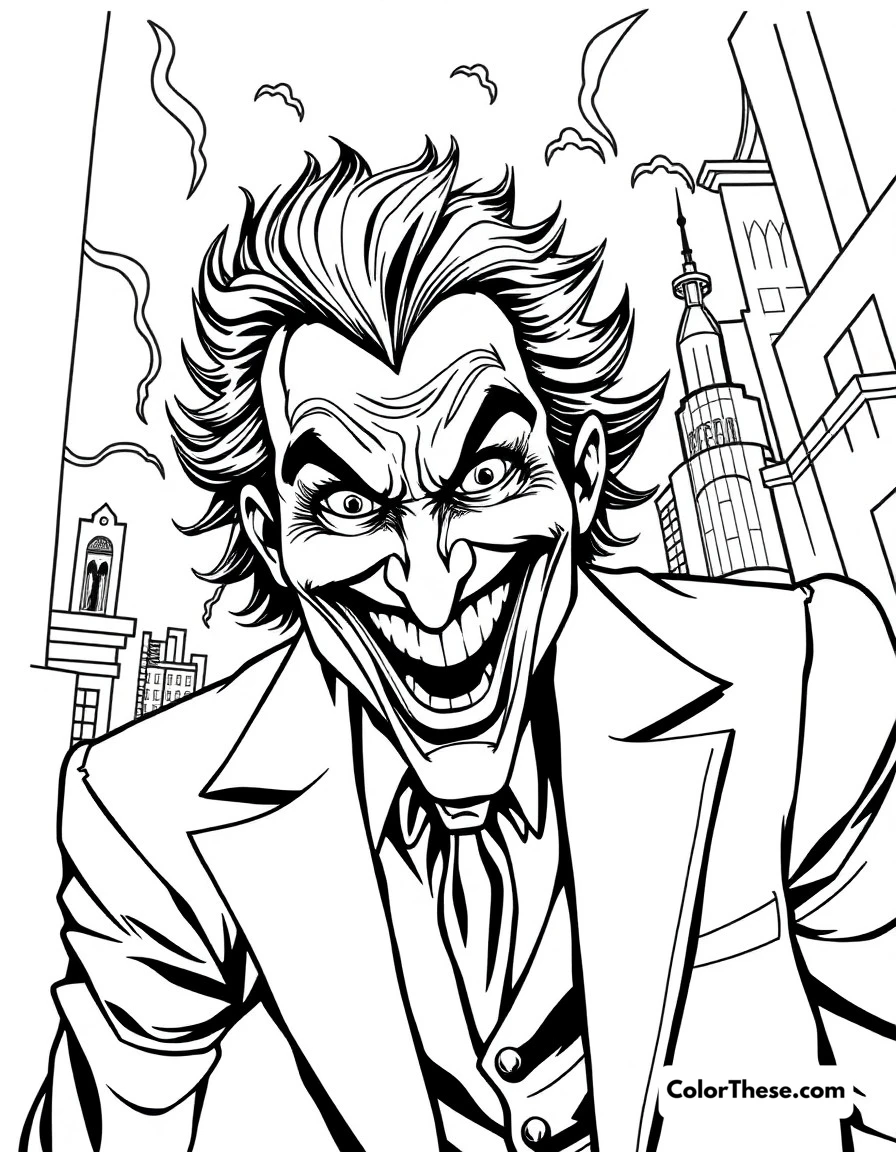 Free printable joker's laugh coloring page for kids and adults. The Joker with his iconic grin, causing chaos in Gotham City.