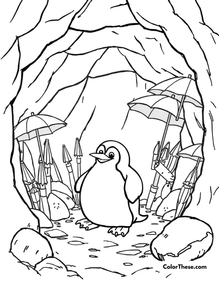 Free printable penguin's lair coloring page for kids and adults. The Penguin in his elaborate underground hideout with his umbrella collection.