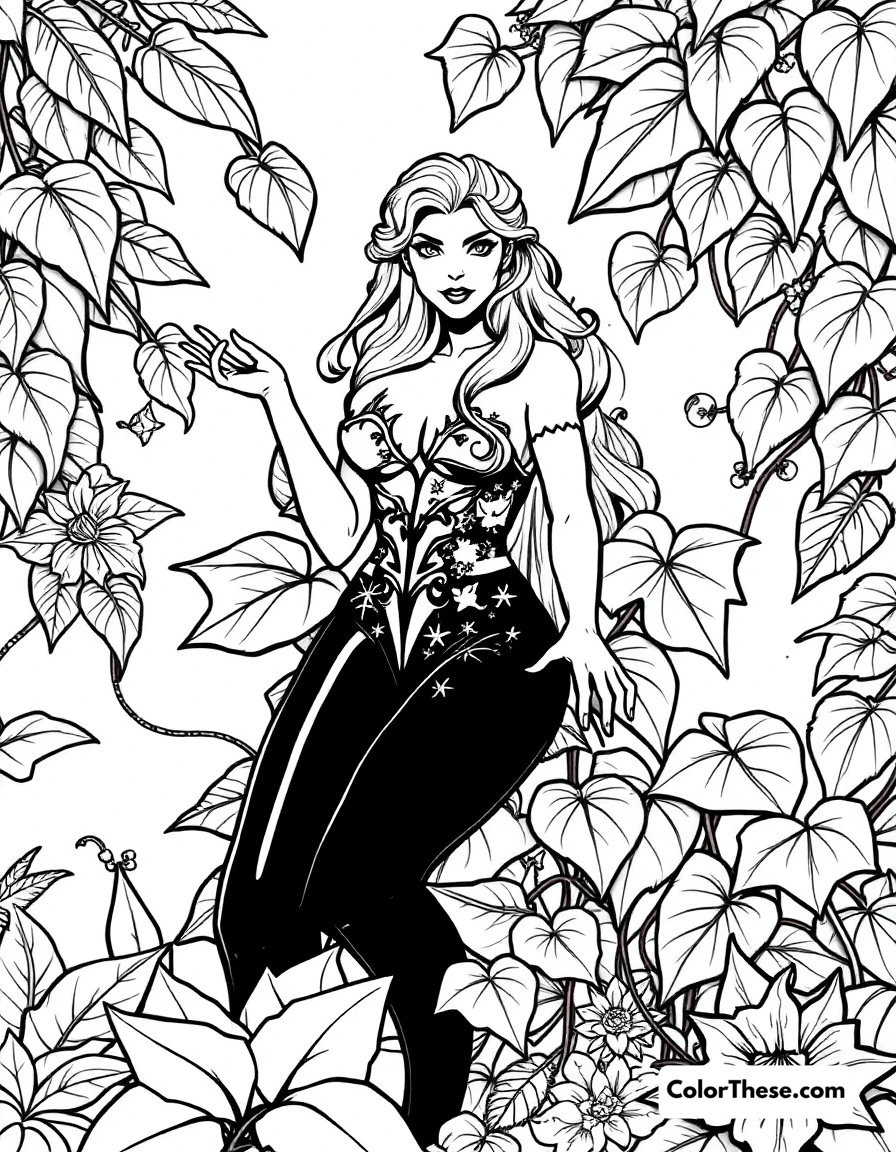 Free printable poison ivy's garden coloring page for kids and adults. Poison Ivy surrounded by her exotic and dangerous plants.