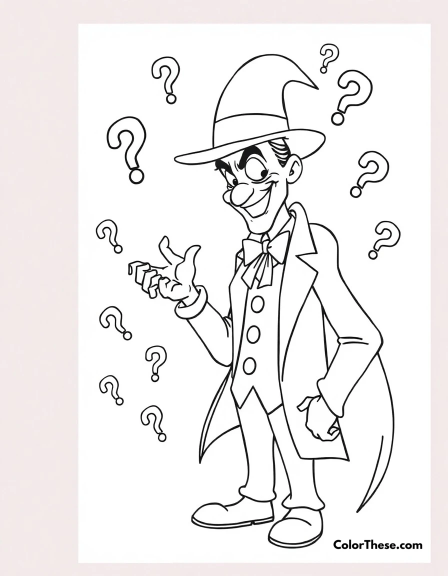 Free printable riddler's puzzle coloring page for kids and adults. The Riddler presenting one of his challenging riddles with question marks everywhere.