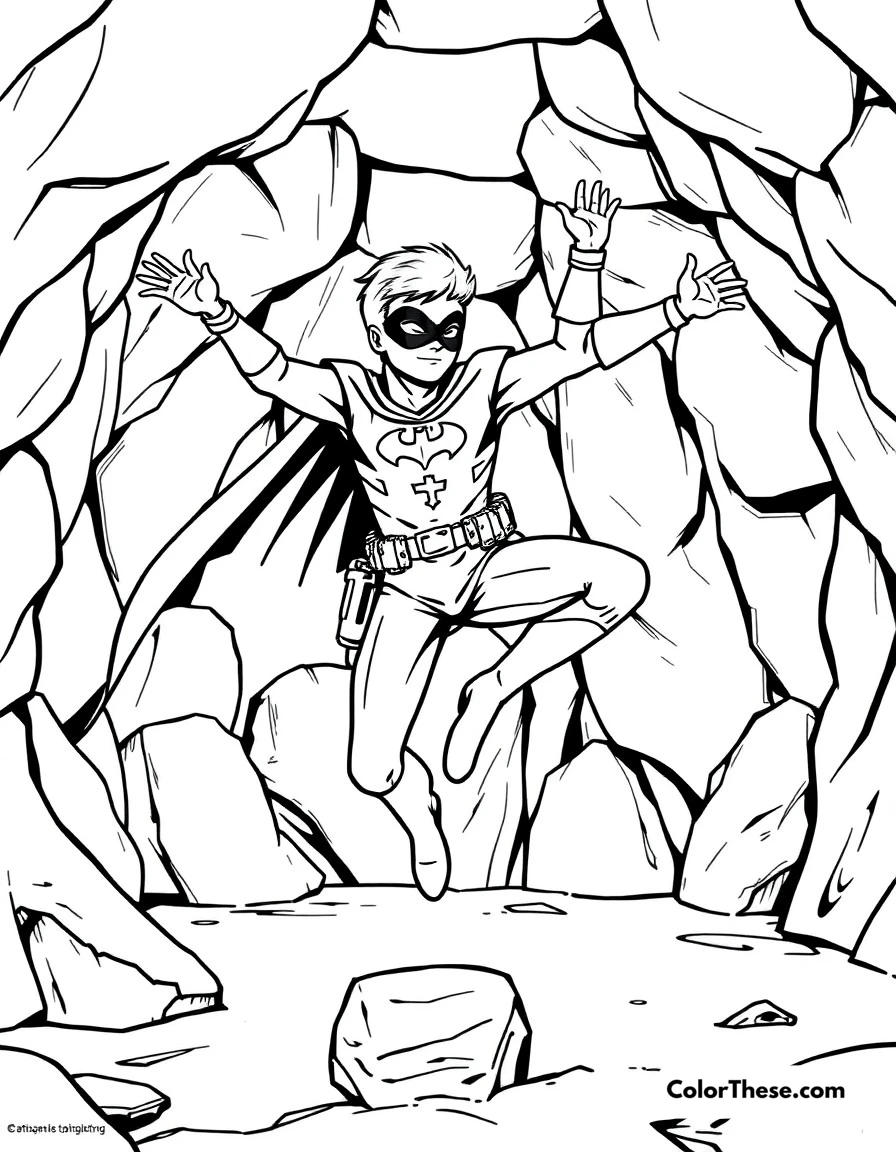 Free printable robin's training coloring page for kids and adults. Robin practicing his acrobatic moves in the Batcave's training area.
