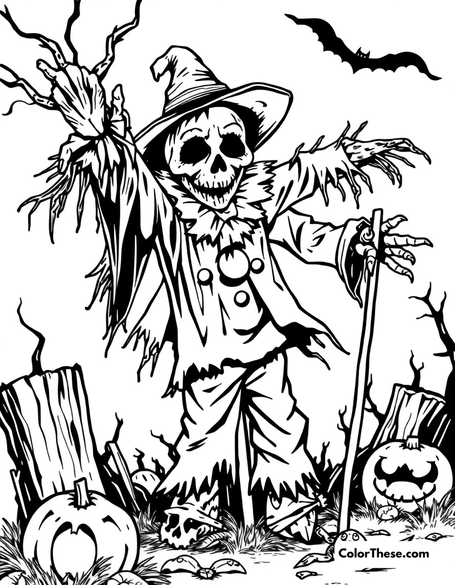 Free printable scarecrow's fear coloring page for kids and adults. Scarecrow unleashing his fear toxin in a spooky scene.