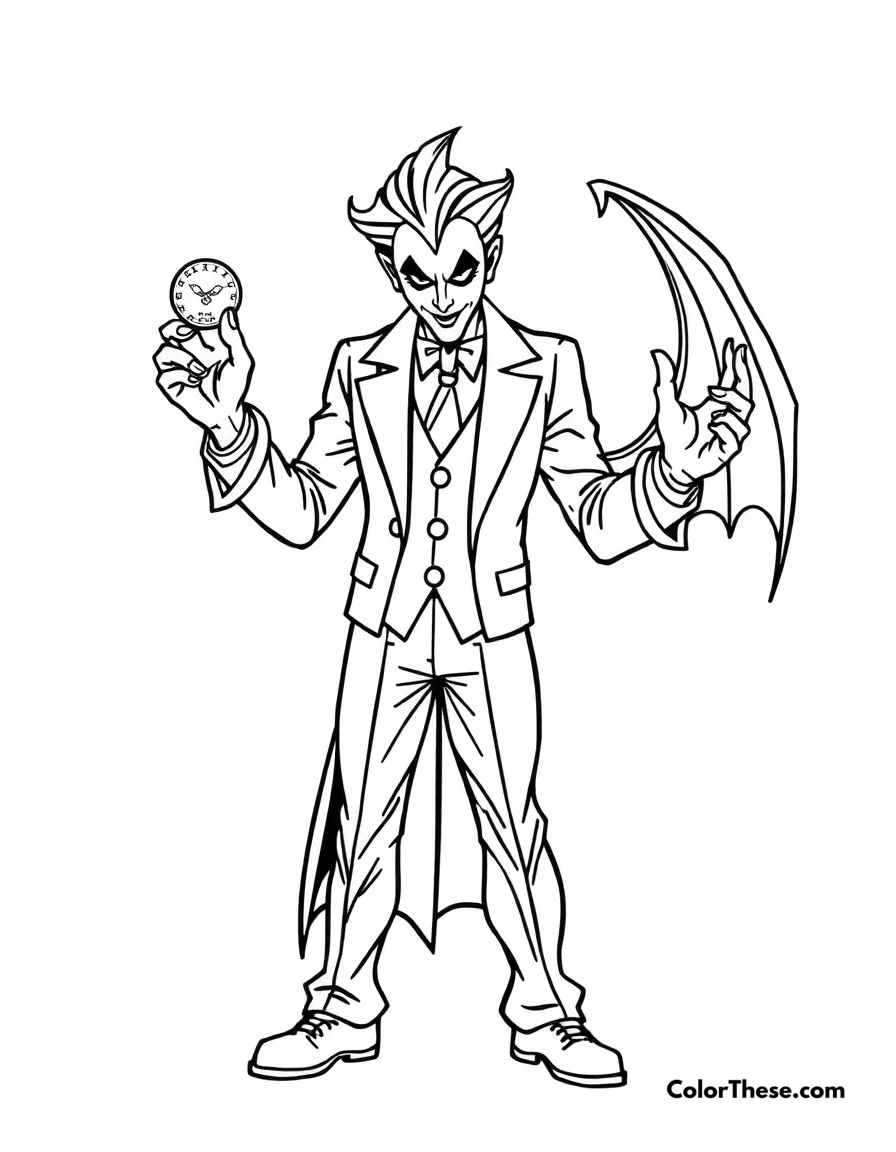 Free printable two-face's choice coloring page for kids and adults. Two-Face flipping his lucky coin while standing between good and evil.