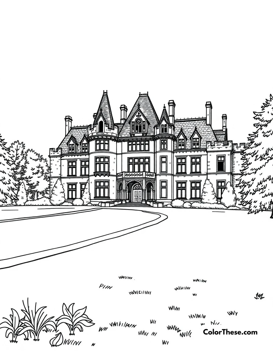 Free printable wayne manor coloring page for kids and adults. The impressive Wayne Manor standing majestically on its grounds.