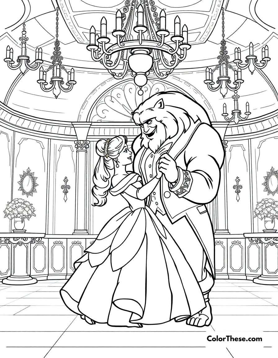 Free printable ballroom dance coloring page for kids and adults. Belle and Beast sharing their iconic dance in the grand ballroom, with chandeliers sparkling above.