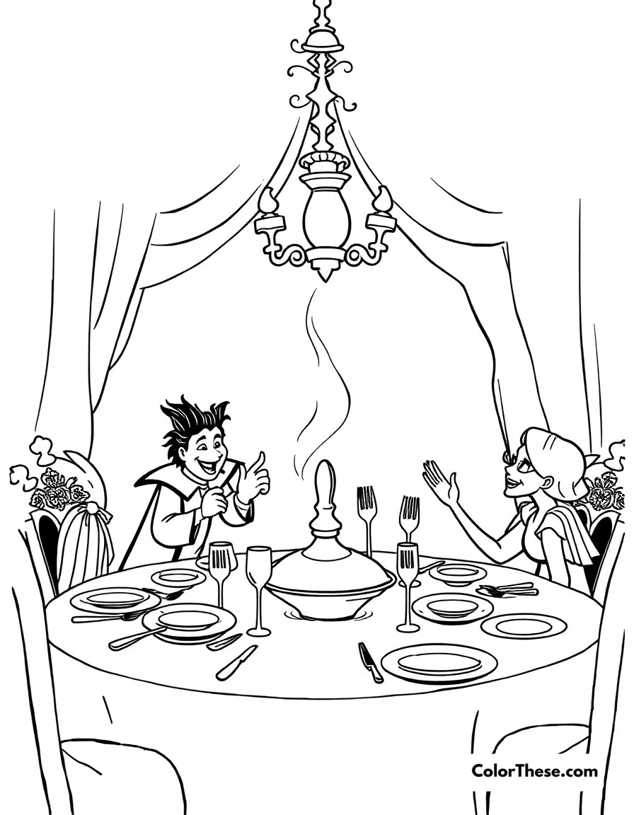 Free printable be our guest coloring page for kids and adults. The spectacular 'Be Our Guest' dinner scene with dancing dishes and silverware.