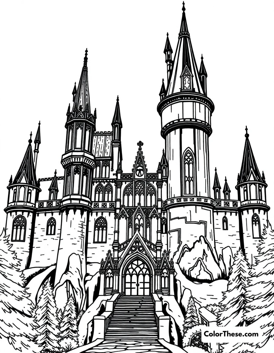 Free printable castle exterior coloring page for kids and adults. The Beast's magnificent castle with its Gothic architecture and magical atmosphere.