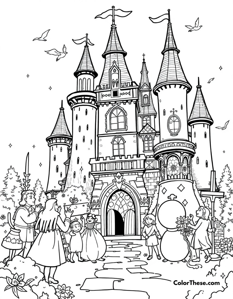 Free printable castle celebration coloring page for kids and adults. The entire castle celebrating as all the enchanted objects return to human form.