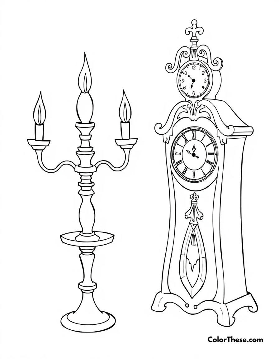 Free printable lumiere and cogsworth coloring page for kids and adults. The charming candelabra Lumiere and proper clock Cogsworth in a fun scene together.