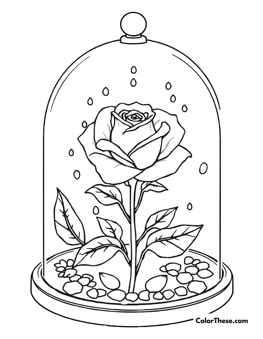 Free printable beast's rose coloring page for kids and adults. The enchanted rose under its glass dome, with falling petals marking time.