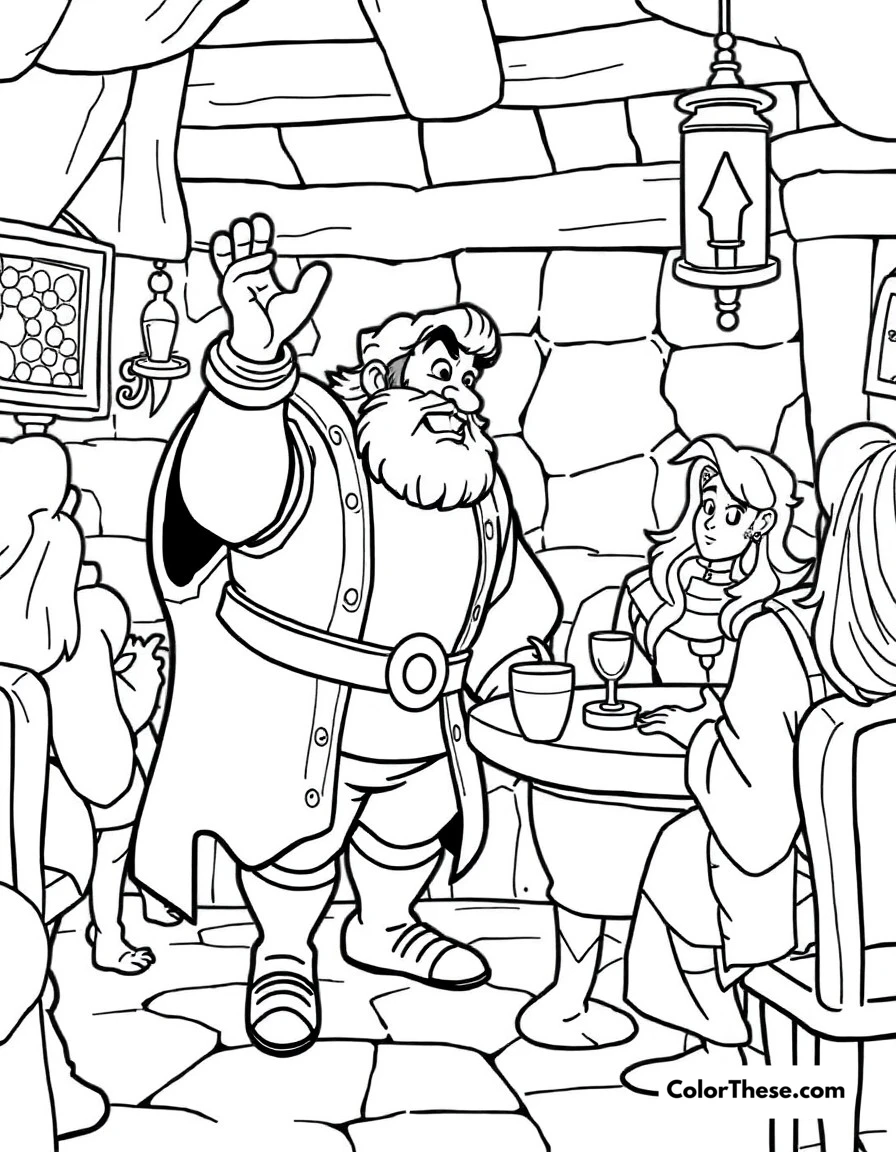 Free printable gaston's tavern coloring page for kids and adults. Gaston boasting in his tavern, surrounded by his admirers.
