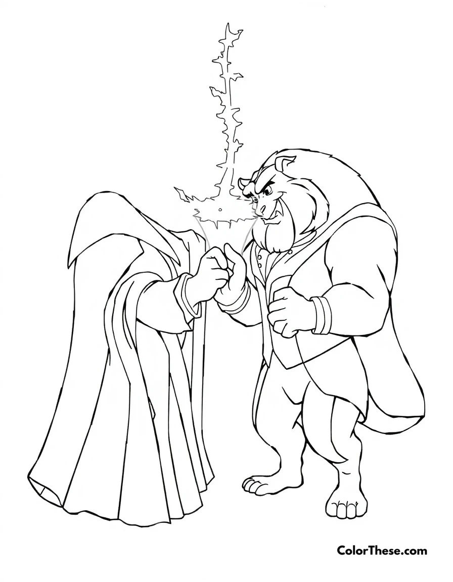 Free printable beast's transformation coloring page for kids and adults. The magical moment when the Beast transforms back into a prince.