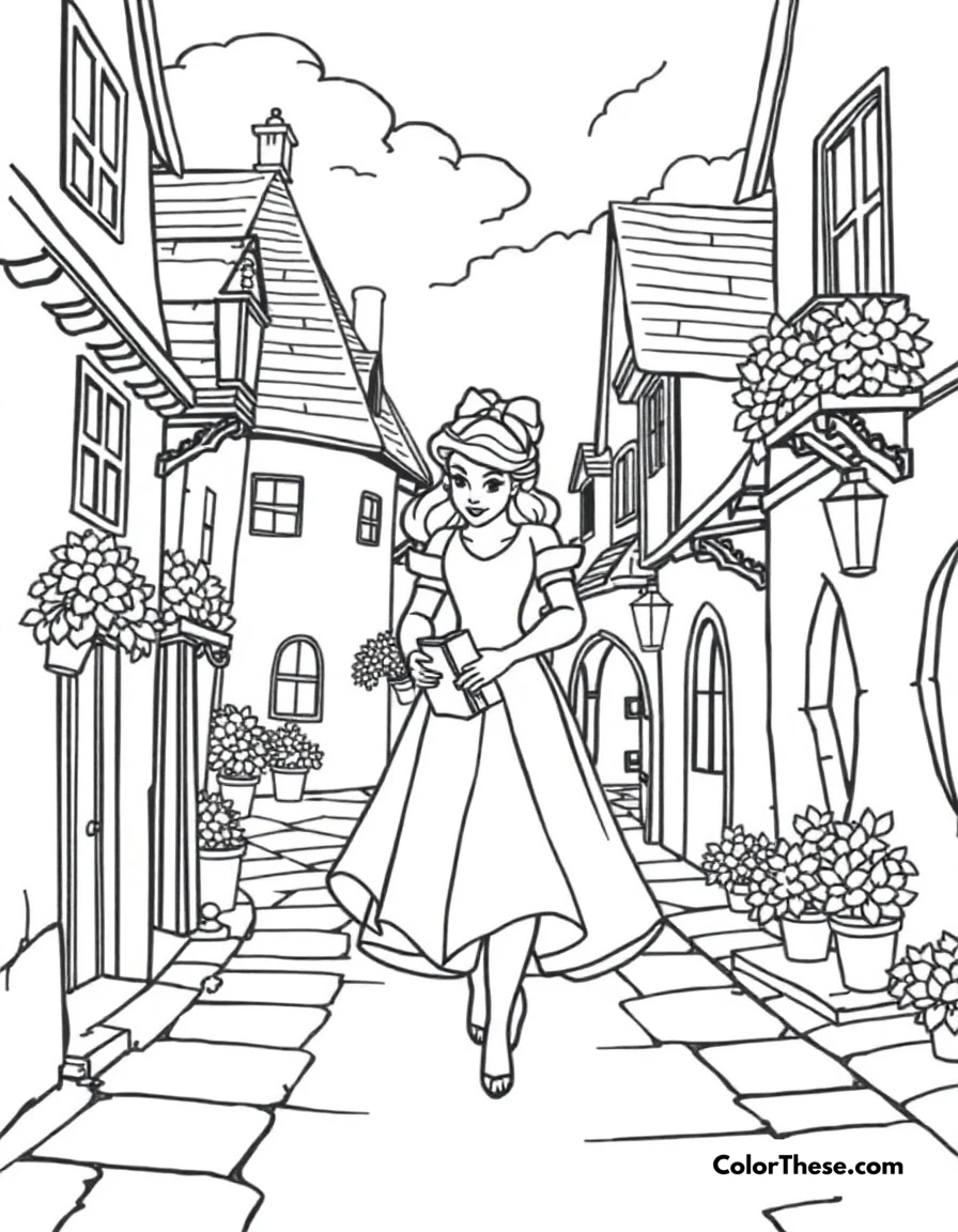 Free printable belle's village coloring page for kids and adults. Belle walking through her provincial town with a book in hand.