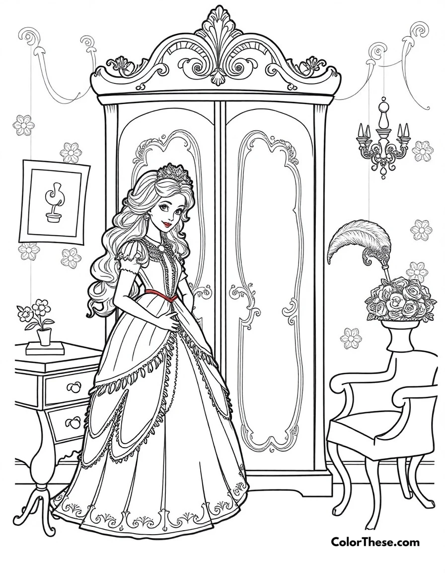 Free printable wardrobe and featherduster coloring page for kids and adults. Madame de la Grande Bouche the wardrobe and Plumette the featherduster in Belle's room.