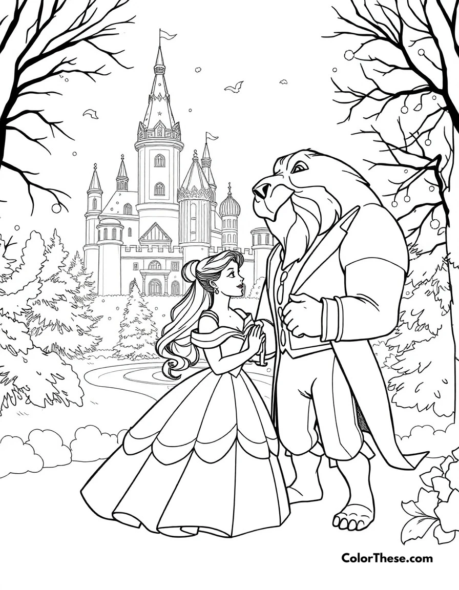 Free printable winter garden coloring page for kids and adults. Belle and Beast enjoying a peaceful moment in the snow-covered castle gardens.