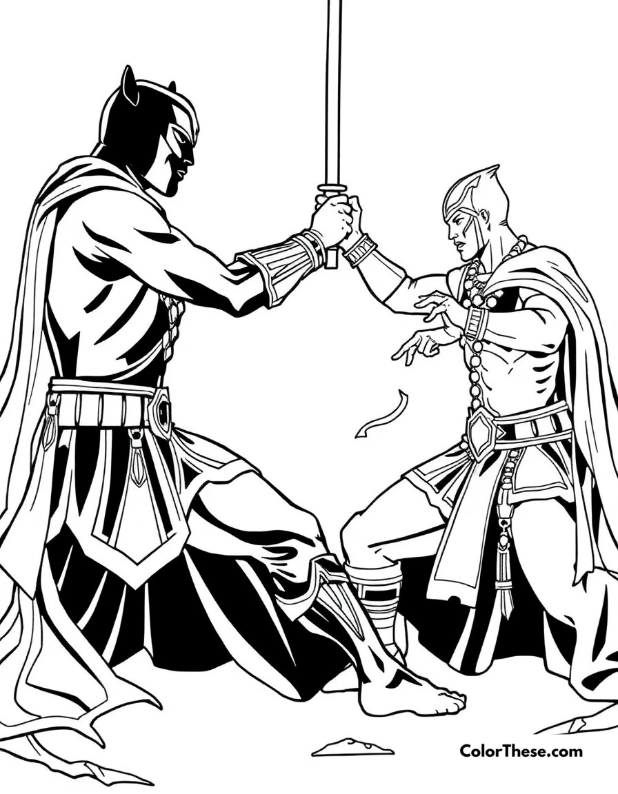 Free printable ritual combat coloring page for kids and adults. T'Challa in ritual combat for the throne, displaying his fighting skills.