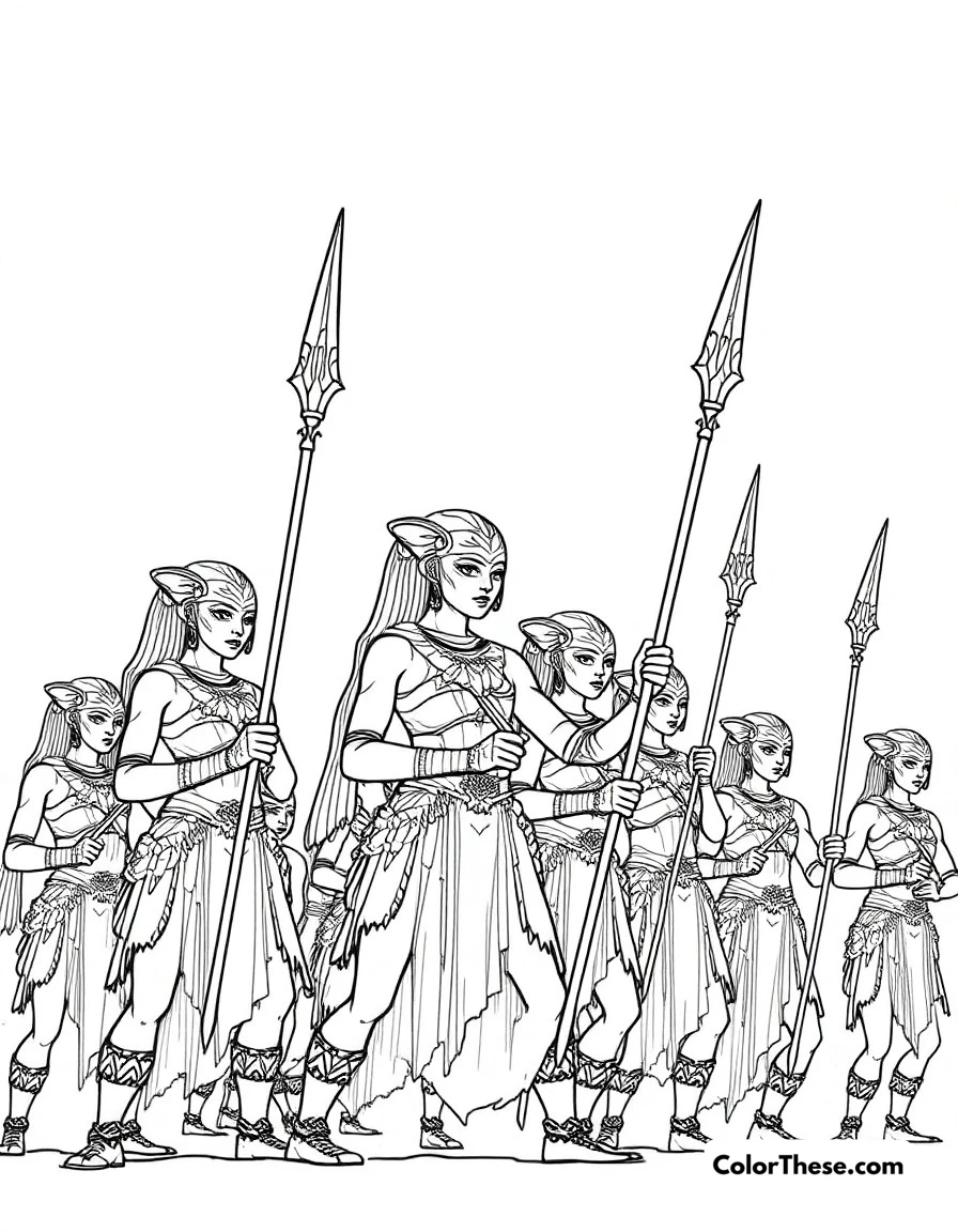 Free printable dora milaje formation coloring page for kids and adults. The fierce Dora Milaje warriors in formation with their vibranium spears.