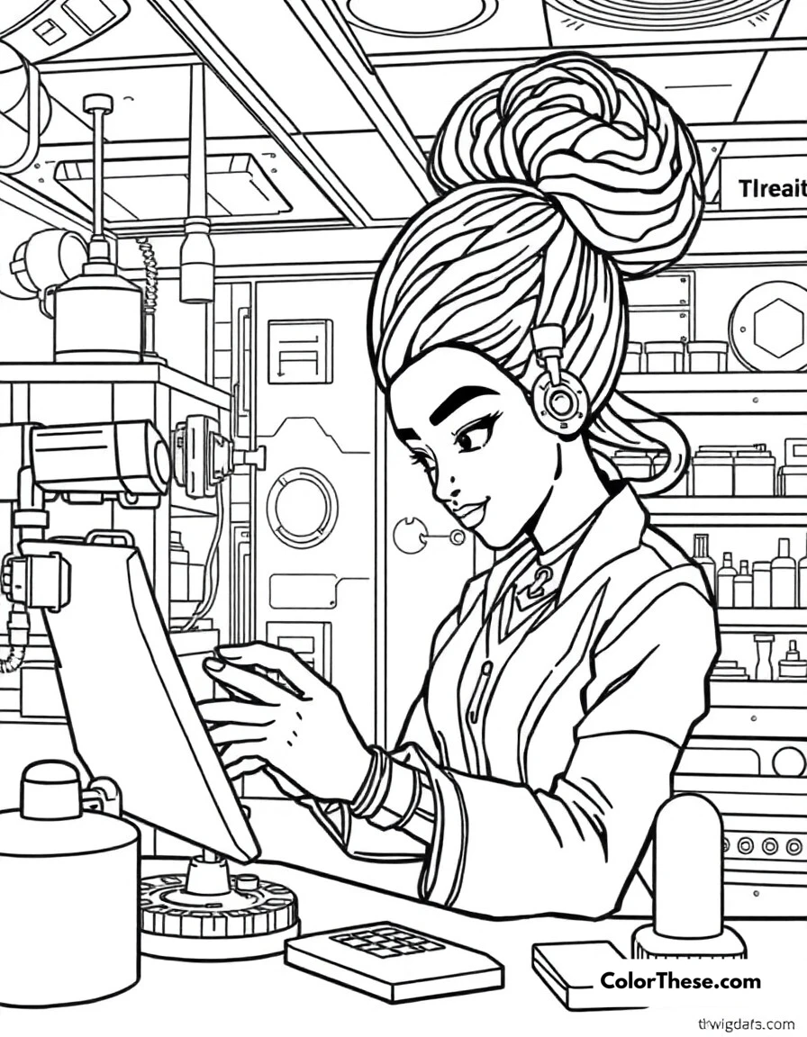 Free printable shuri's lab coloring page for kids and adults. Princess Shuri working with advanced technology in her state-of-the-art laboratory.