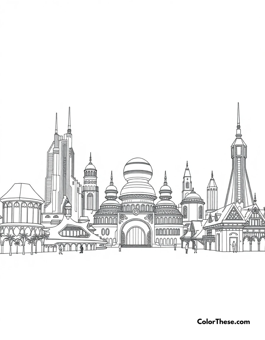Free printable wakanda skyline coloring page for kids and adults. The futuristic skyline of Wakanda, blending traditional African architecture with advanced technology.