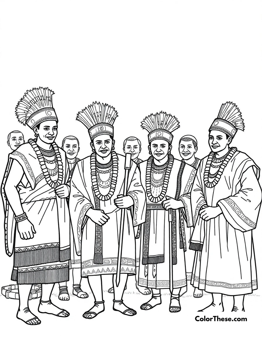 Free printable tribal council coloring page for kids and adults. The leaders of Wakanda's tribes gathered in traditional ceremonial attire.
