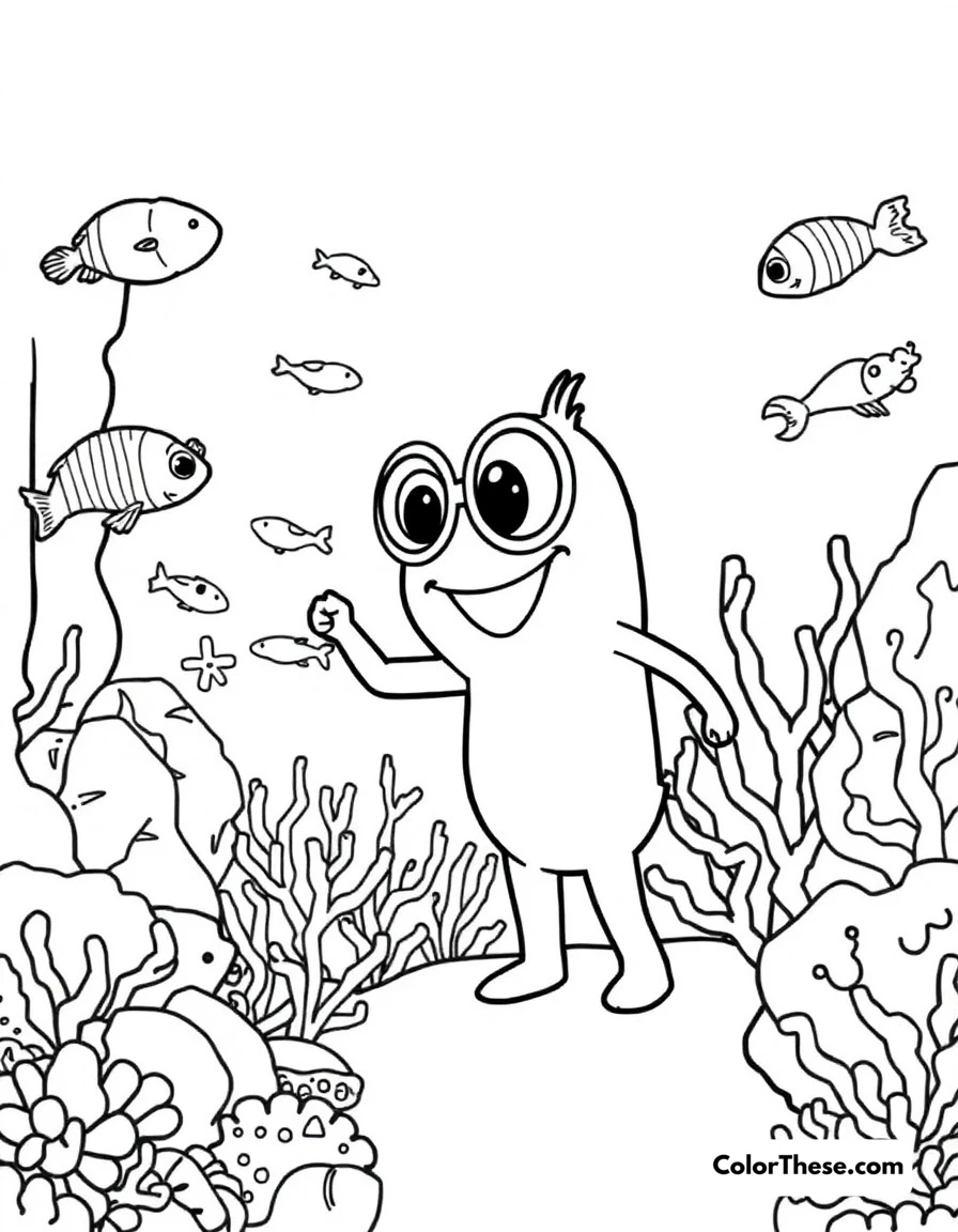 Free printable aquarium adventure coloring page for kids and adults. Blippi discovering sea creatures at the aquarium.