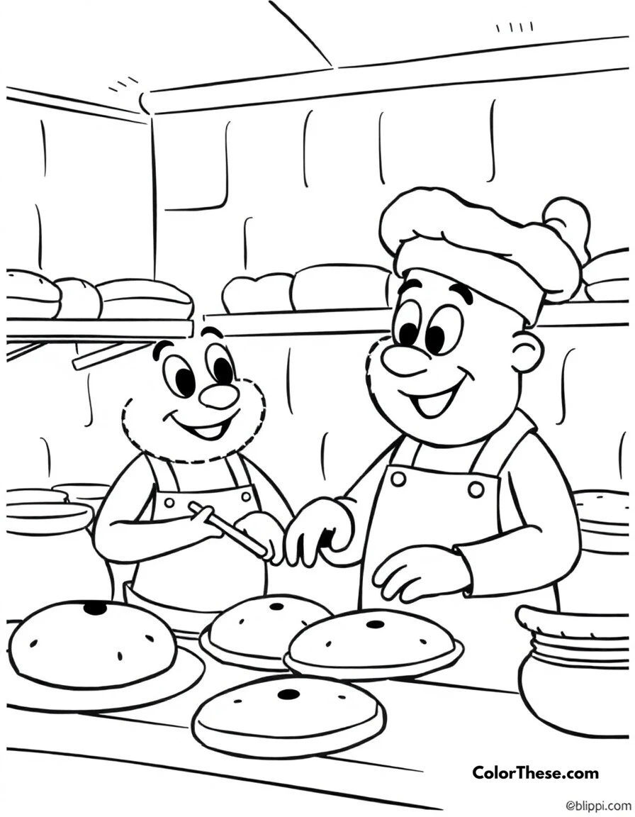 Free printable bakery visit coloring page for kids and adults. Blippi learning how bread and pastries are made at a bakery.