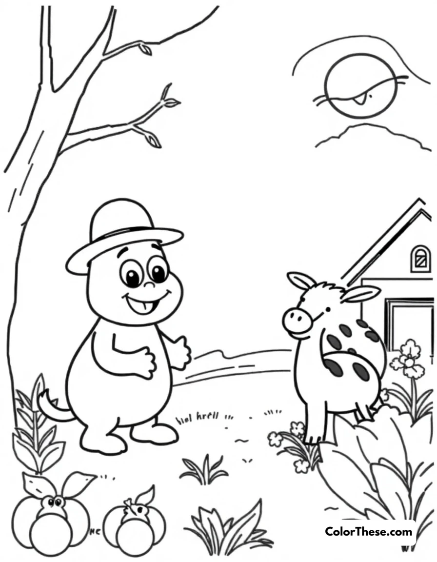 Free printable farm visit coloring page for kids and adults. Blippi meeting farm animals and learning about agriculture.
