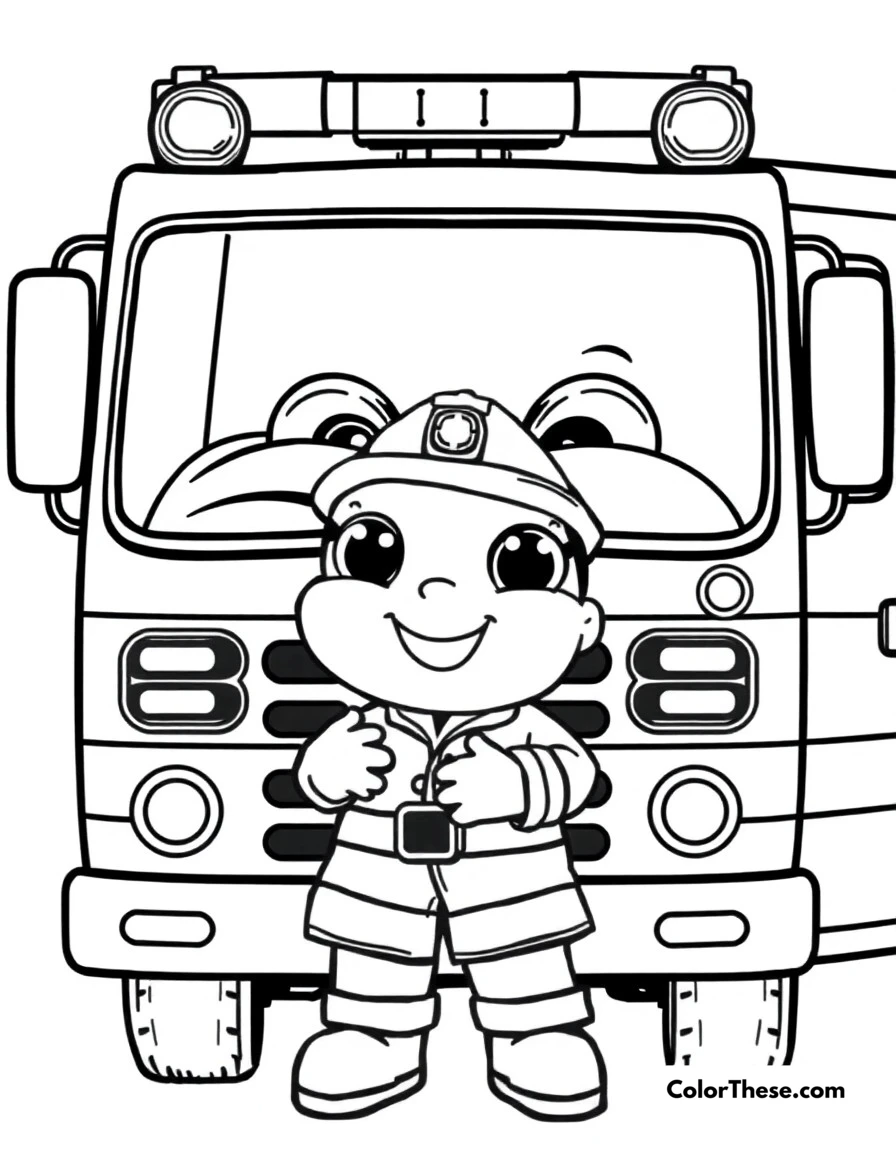 Free printable fire truck explorer coloring page for kids and adults. Blippi discovering all the parts of a fire truck with firefighter friends.