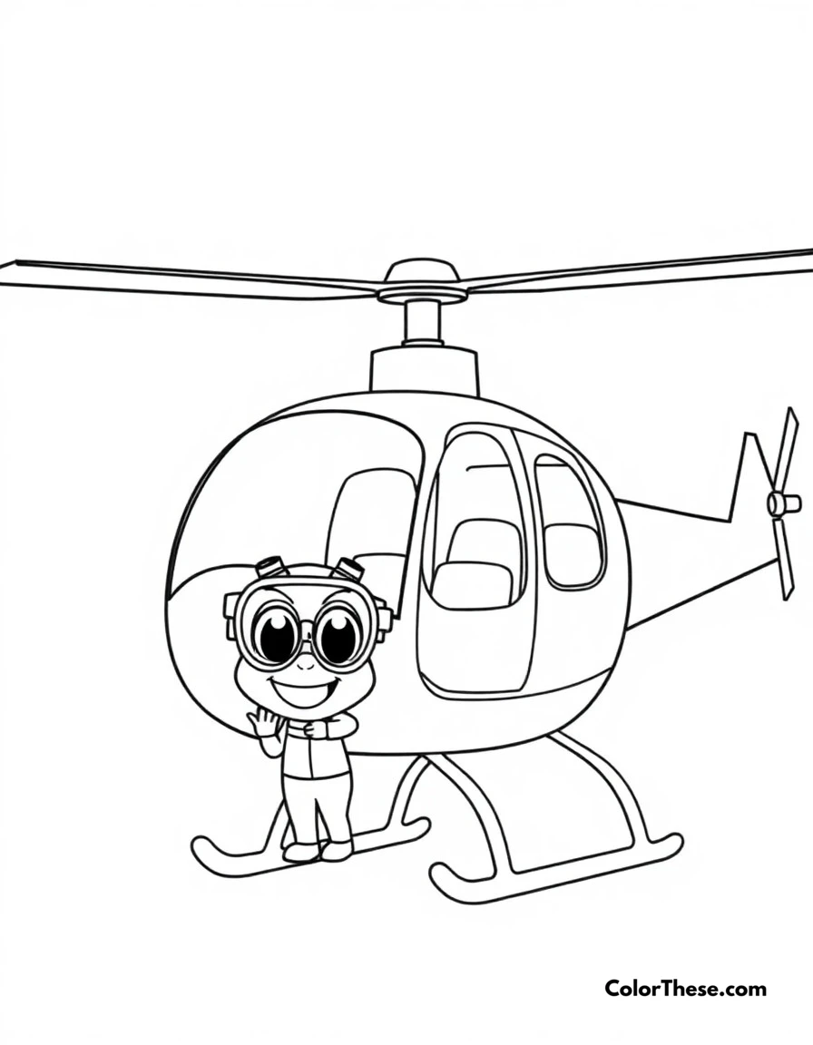 Free printable helicopter ride coloring page for kids and adults. Blippi exploring a helicopter and learning about aviation.