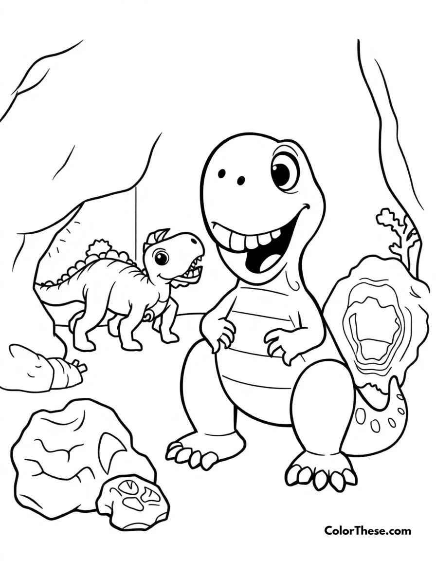Free printable museum adventure coloring page for kids and adults. Blippi learning about dinosaurs and fossils at the children's museum.