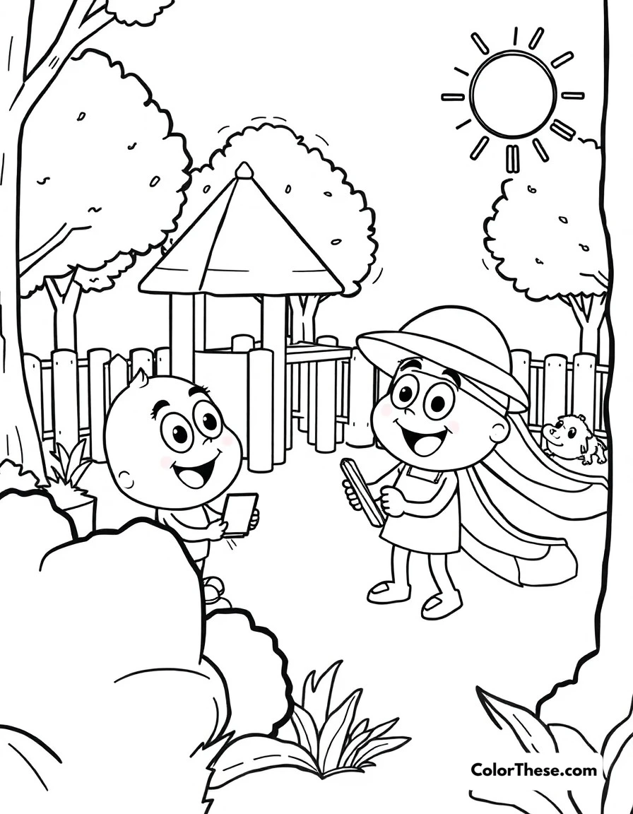 Free printable playground fun coloring page for kids and adults. Blippi playing and learning at an exciting outdoor playground.