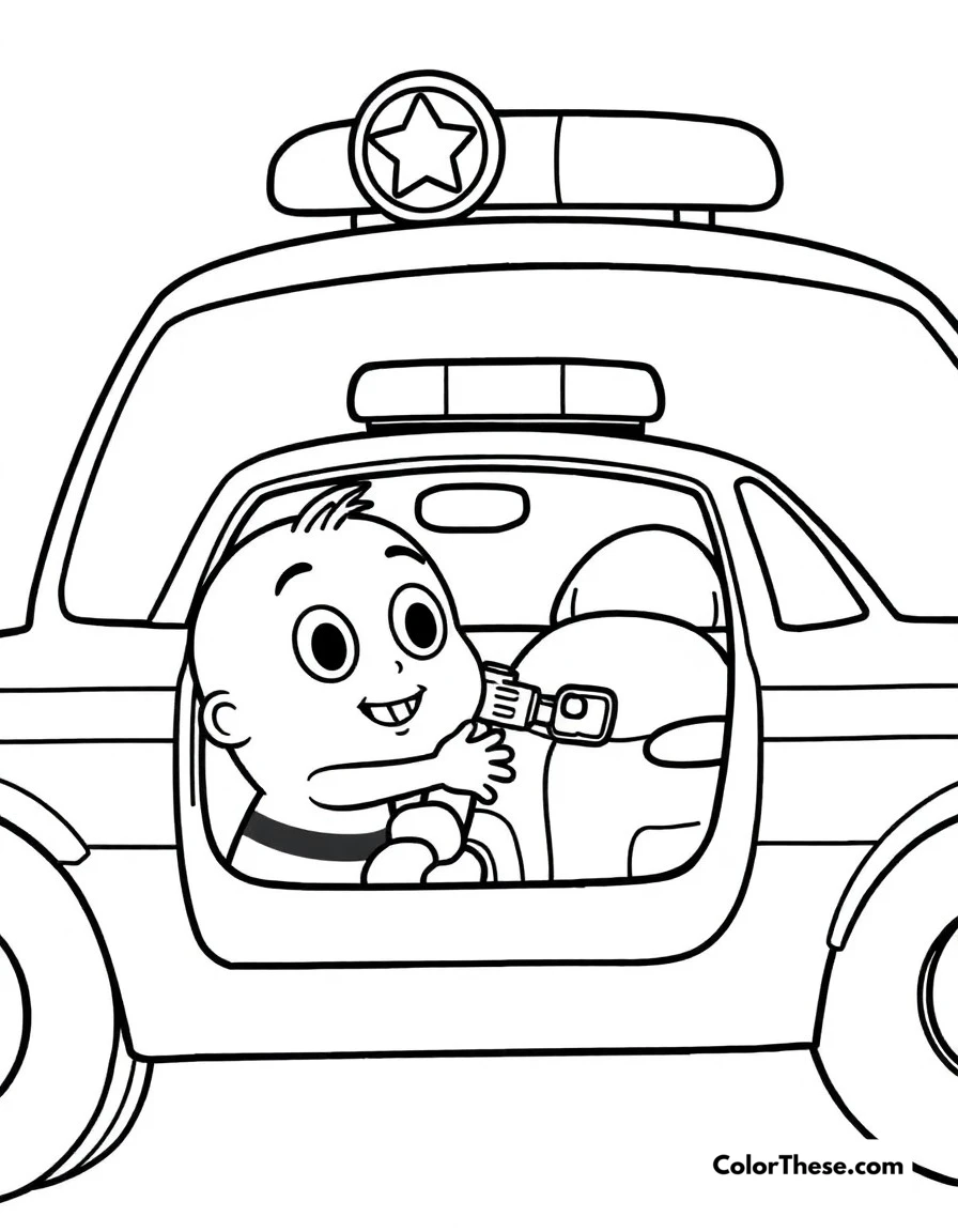 Free printable police car patrol coloring page for kids and adults. Blippi exploring a police car and learning about safety.