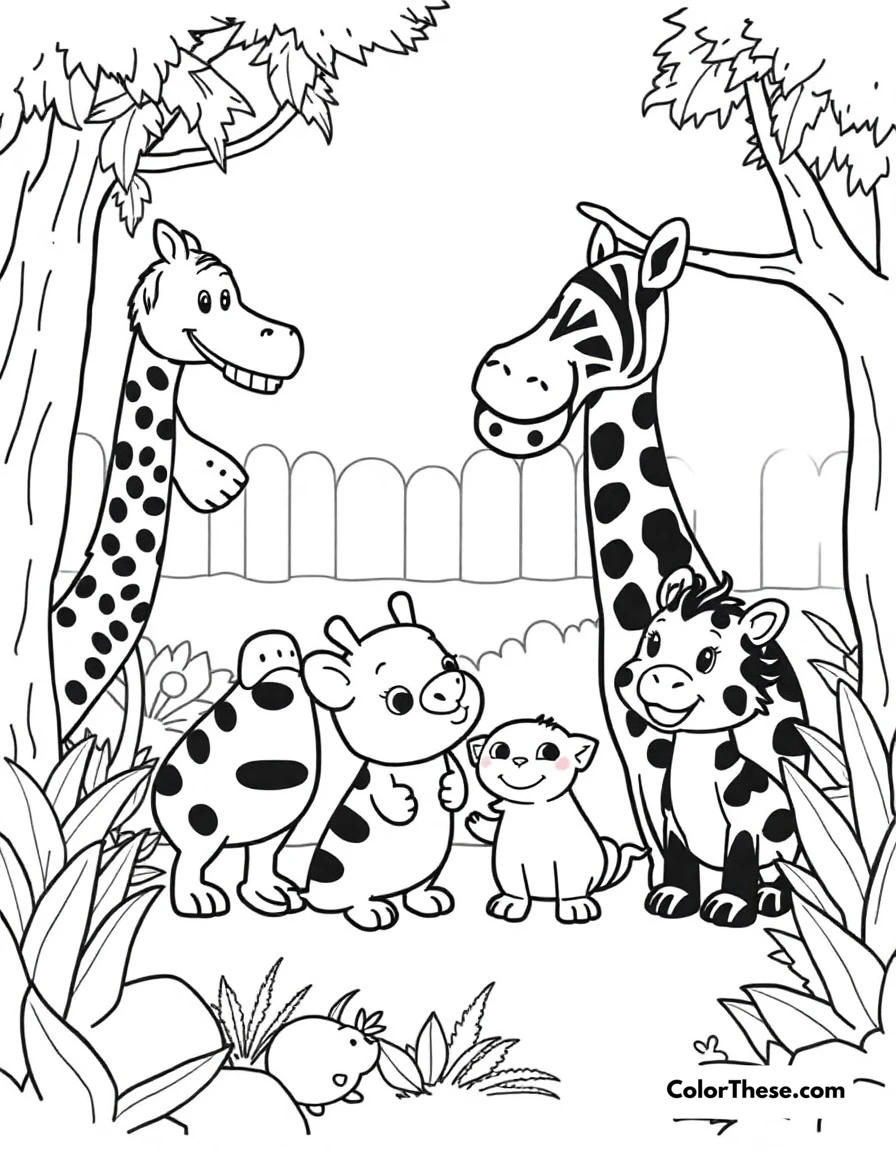 Free printable zoo friends coloring page for kids and adults. Blippi meeting and learning about different zoo animals.