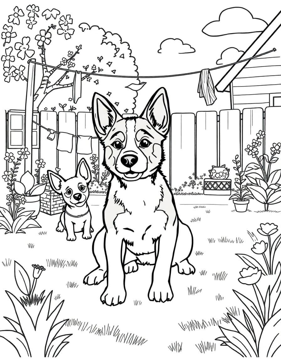 Free printable backyard fun coloring page for kids and adults. The (Blue Heeler puppy Bluey) Heeler family playing in their backyard with the Hills Hoist clothesline and garden.
