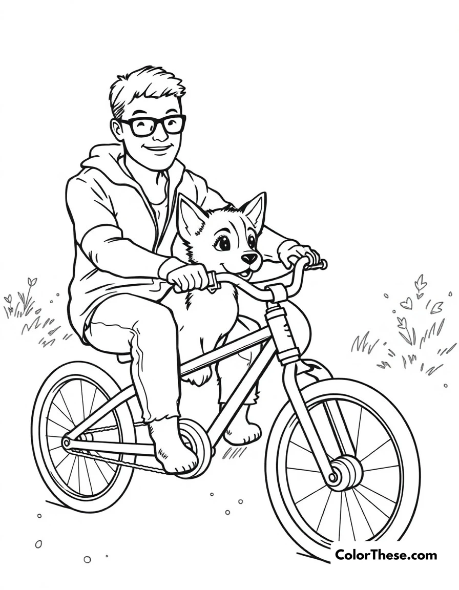 Free printable bike ride coloring page for kids and adults. Bluey (Blue Heeler puppy) learning to ride her bike with Dad's encouragement and support.