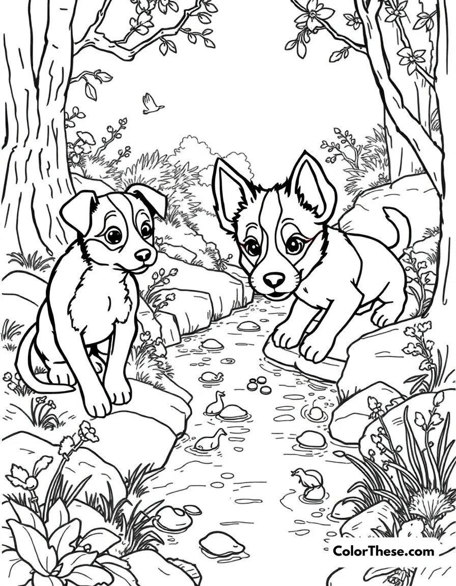 Free printable creek adventure coloring page for kids and adults. Bluey (Blue Heeler puppy) and friends exploring the creek, discovering nature and little creatures.