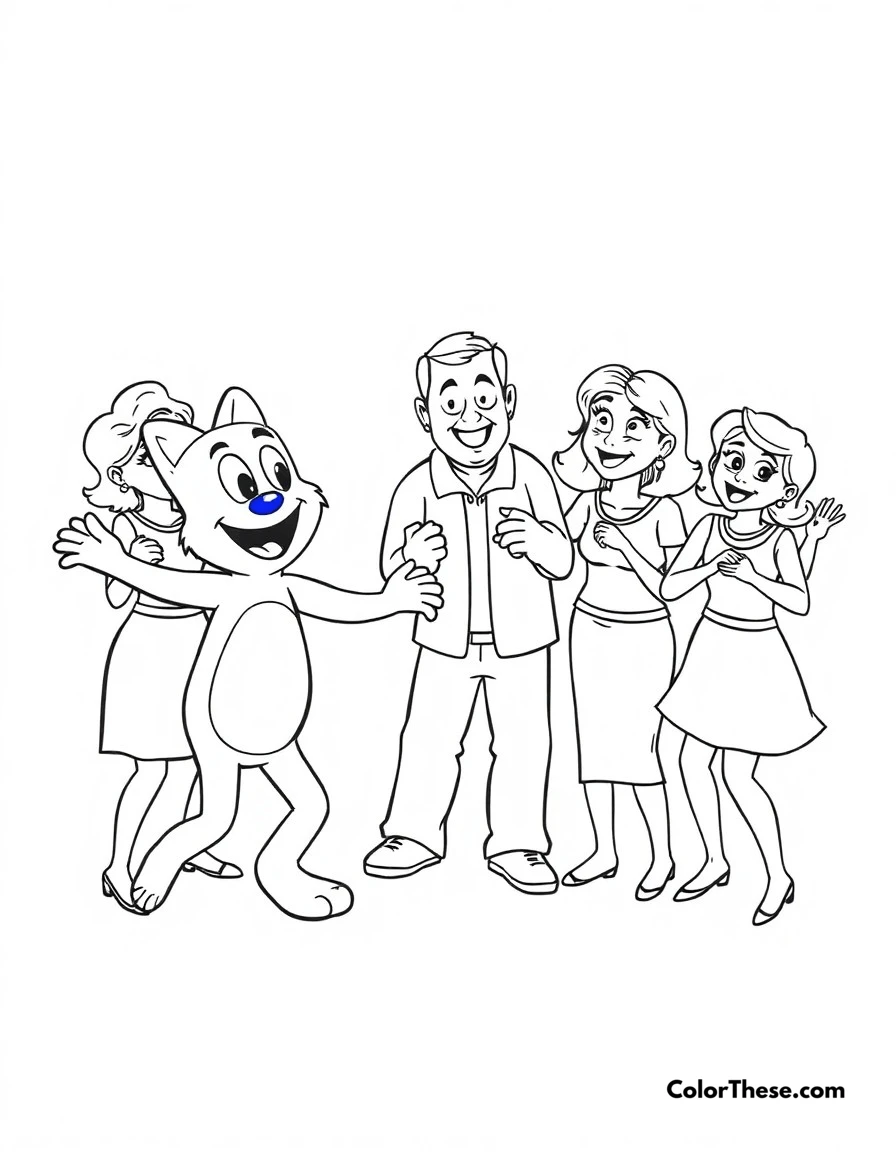 Free printable dance mode coloring page. Bluey (Blue Heeler puppy), Bingo, and their parents doing silly dances when 'Dance Mode' is activated.