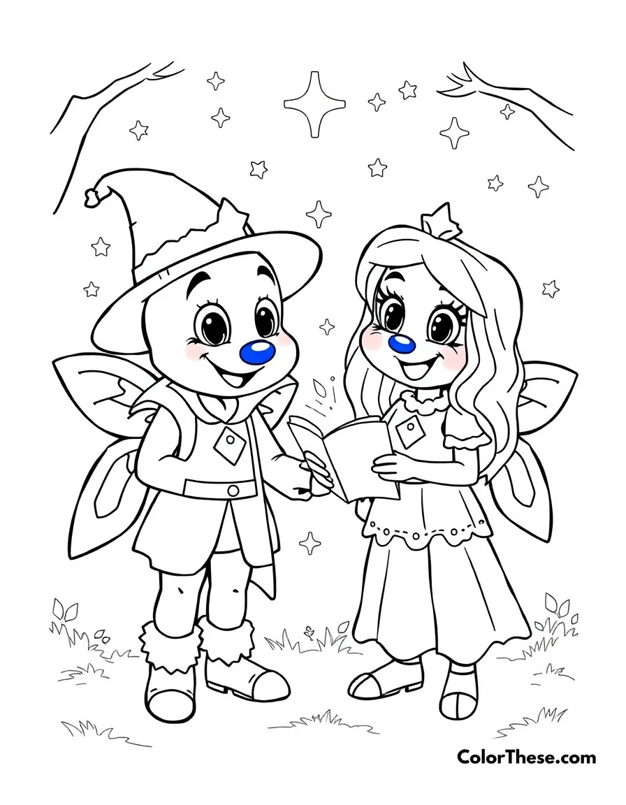 Free printable fairy tale coloring page for kids and adults. Bluey (Blue Heeler puppy) and Bingo dressed as fairy tale characters, acting out a magical story.