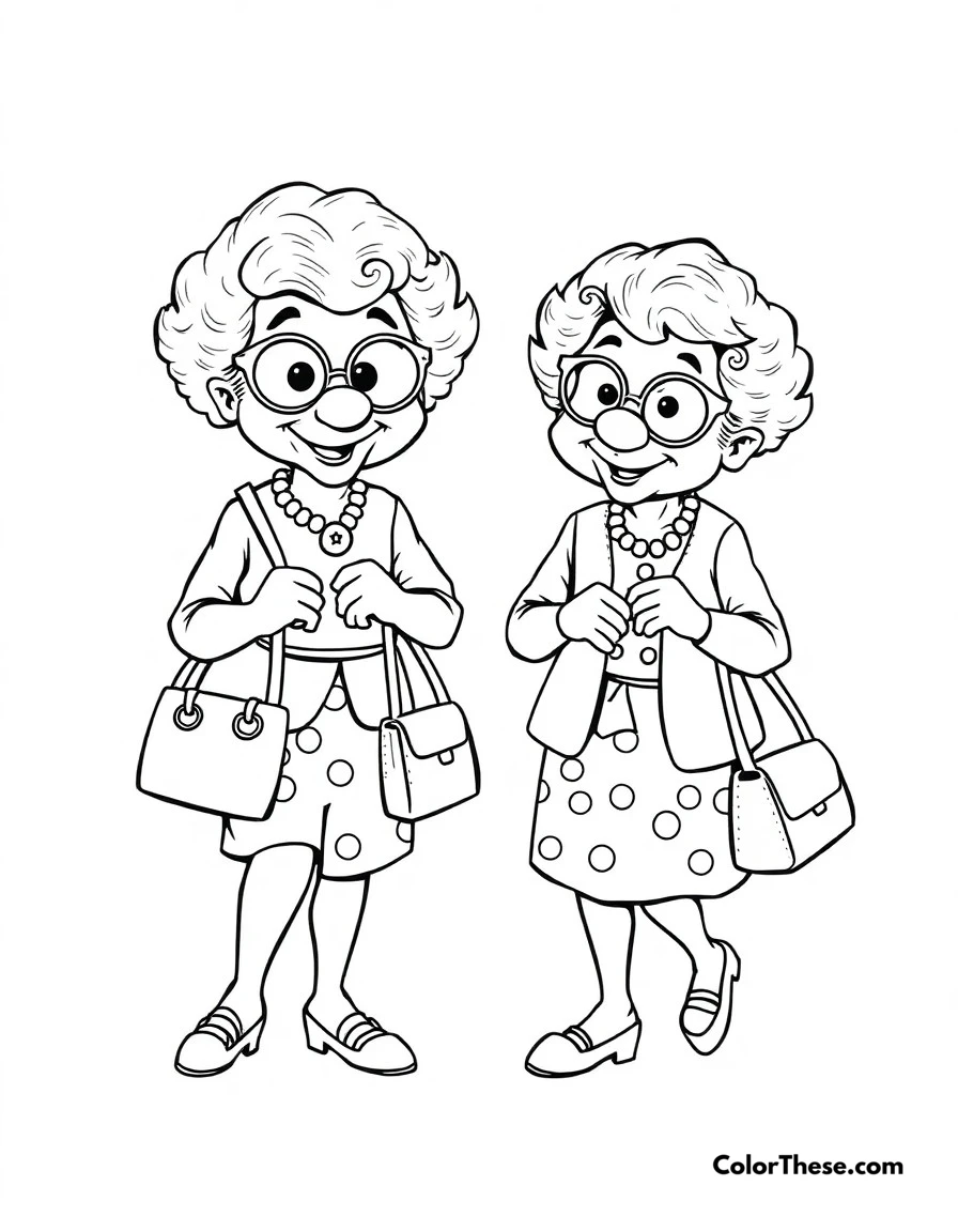 Free printable grannies game coloring page for kids and adults. Bluey (Blue Heeler puppy) and Bingo dressed up as grannies Rita and Janet, with their handbags and silly walks.
