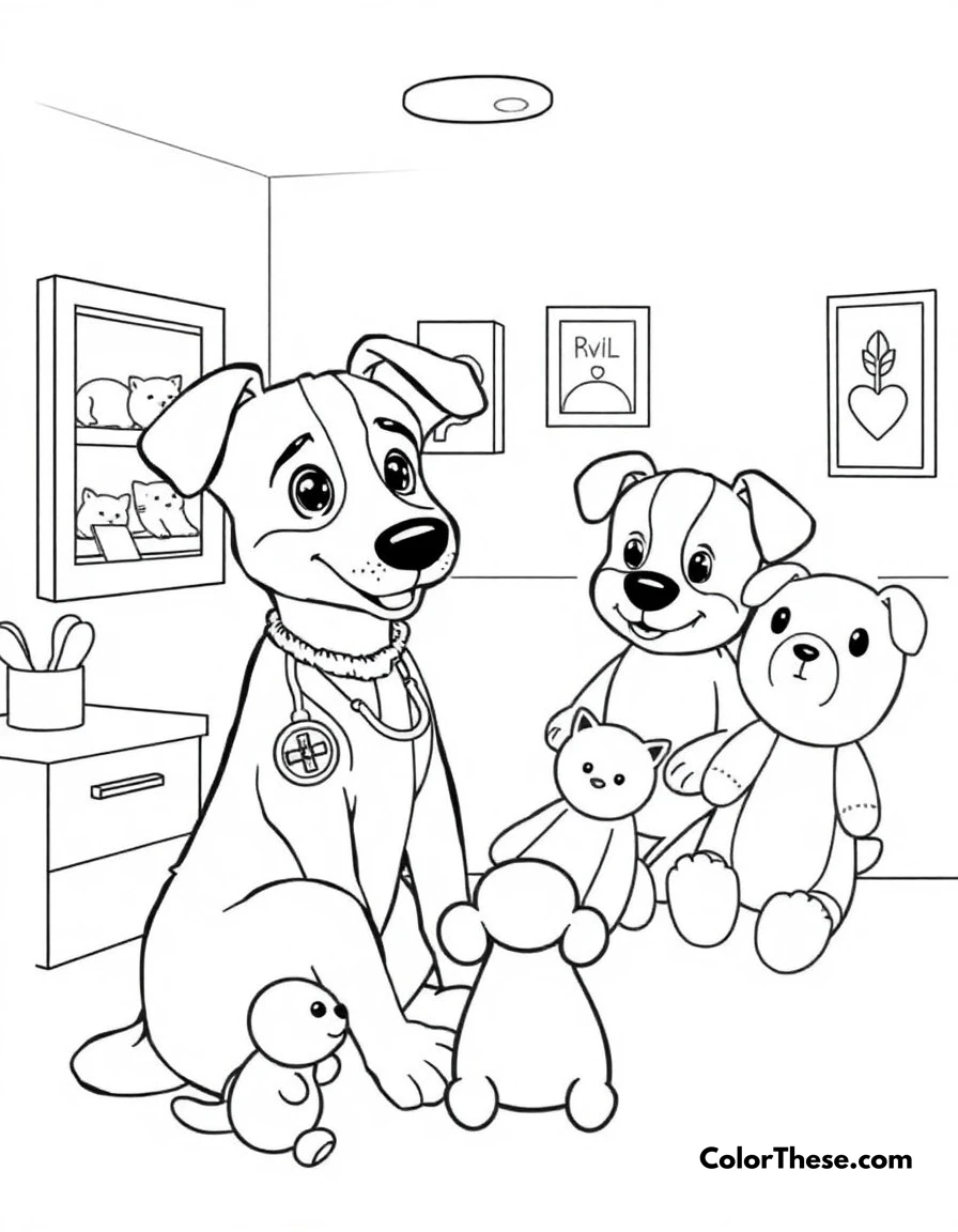 Free printable hospital game coloring page for kids and adults. Bluey (Blue Heeler puppy) playing doctor with her family, treating stuffed animals in their pretend hospital.