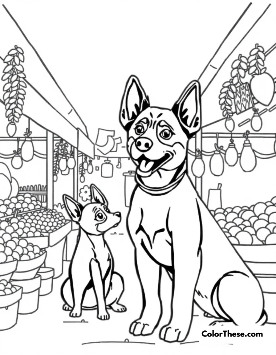 Free printable markets day coloring page for kids and adults. The Heeler (Blue Heeler puppy) family visiting the markets, with stalls full of fruits and crafts.