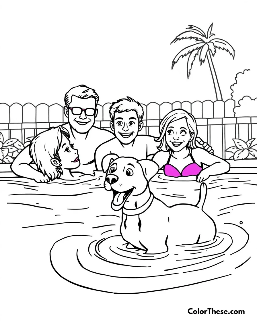 Free printable pool time coloring page for kids and adults. The family enjoying a swim at the pool, with Bluey (Blue Heeler puppy) learning to be brave in the water.
