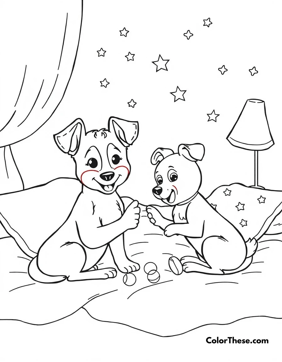Free printable sleepover fun coloring page for kids and adults. Bluey (Blue Heeler puppy) having a sleepover with her friend Muffin, playing games before bedtime.