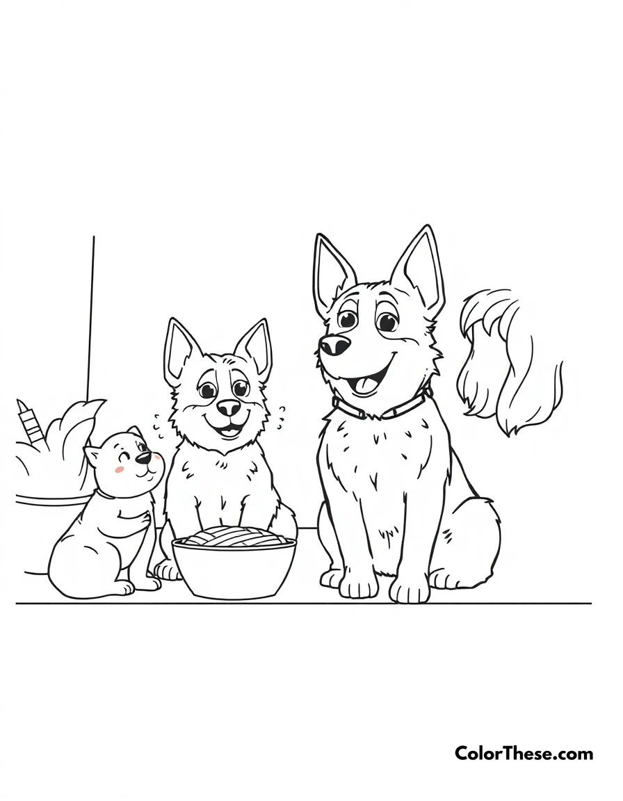 Free printable takeaway adventure coloring page for kids and adults. Bluey (Blue Heeler puppy) and family waiting for their takeaway food, finding ways to make waiting fun.