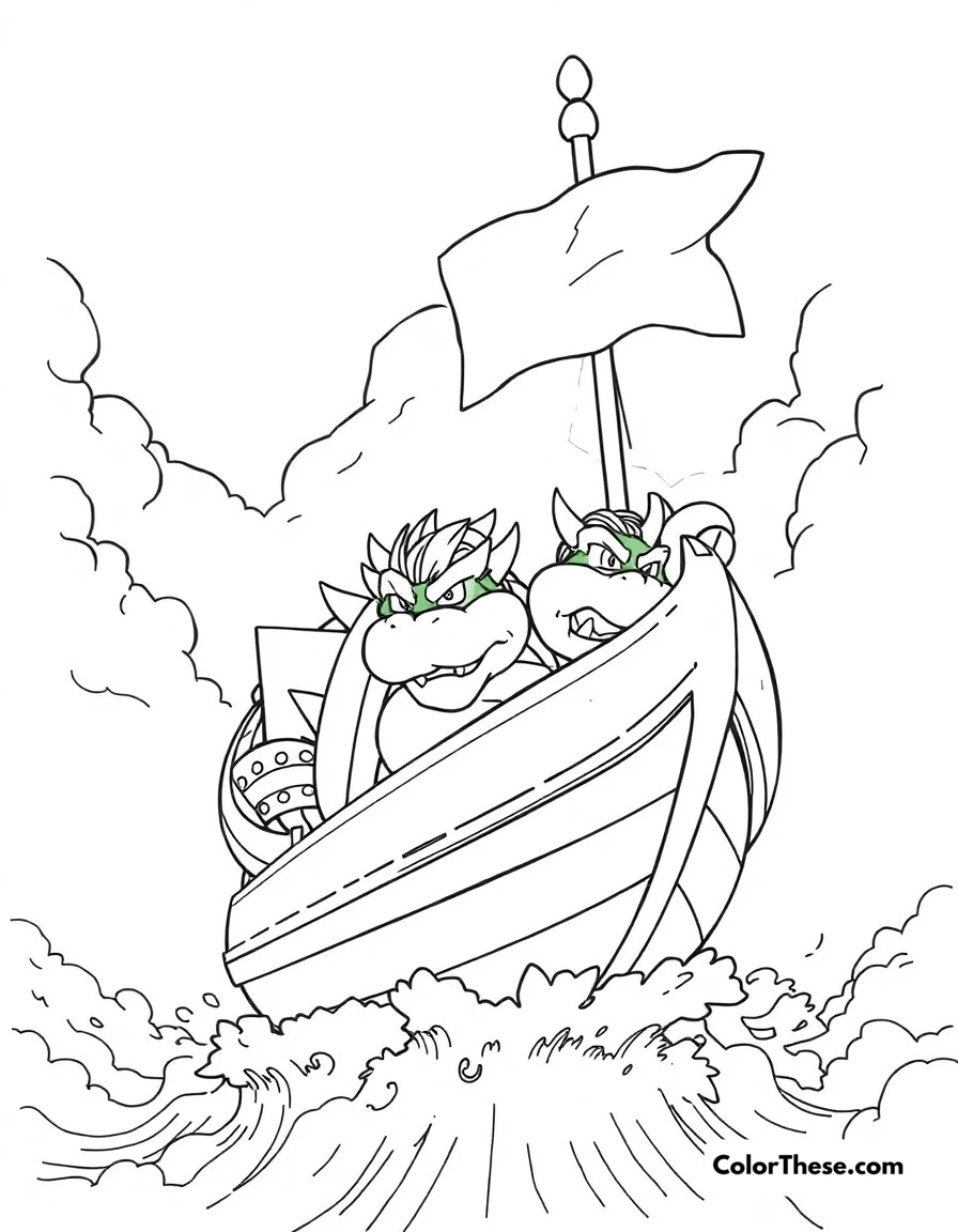 Free printable bowser's airship battle coloring page for kids and adults. Bowser commanding his airship fleet through stormy skies, with his flag flying high.
