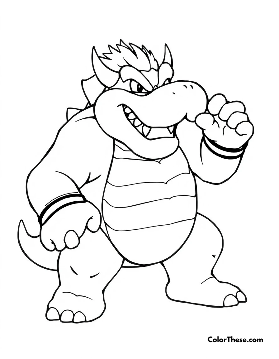 Free printable bowser's battle pose coloring page for kids and adults. Bowser in his iconic battle stance, ready to face off against Mario.