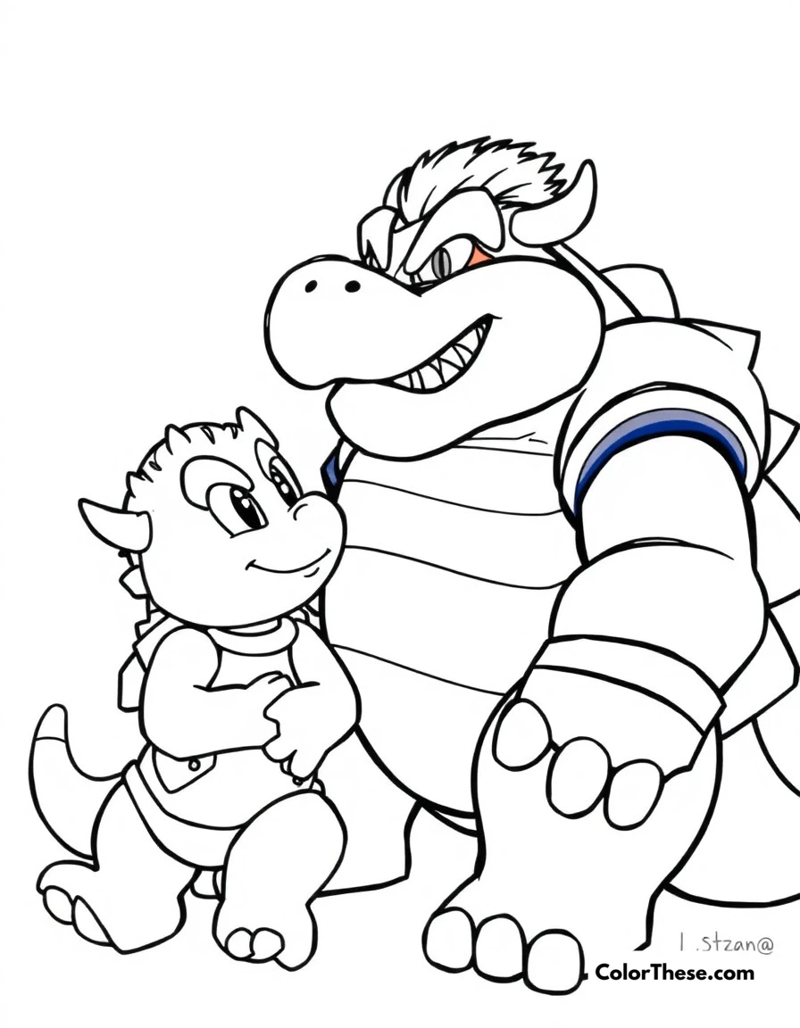 Free printable bowser's family time coloring page for kids and adults. Bowser spending quality time with Bowser Jr., showing his softer side.