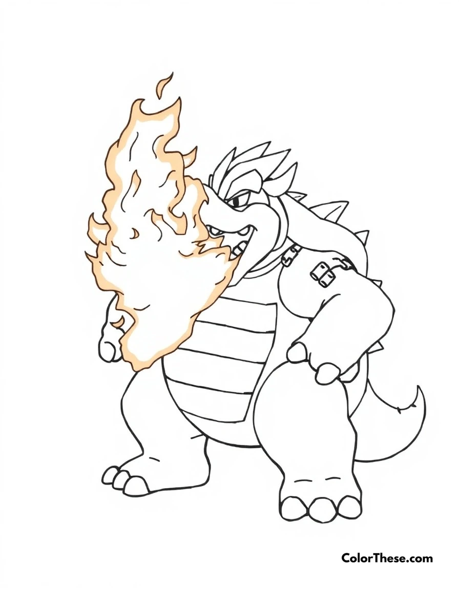 Free printable bowser's fire breath coloring page for kids and adults. Bowser unleashing his powerful fire breath, creating an impressive display of flames.